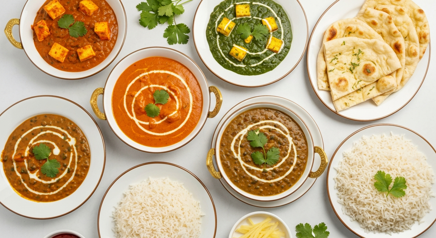 Overhead shot of various authentic Indian dishes, including butter chicken, palak paneer, and dal makhani, beautifully plated with basmati rice and naan bread, ready for delivery from a ghost kitchen.
