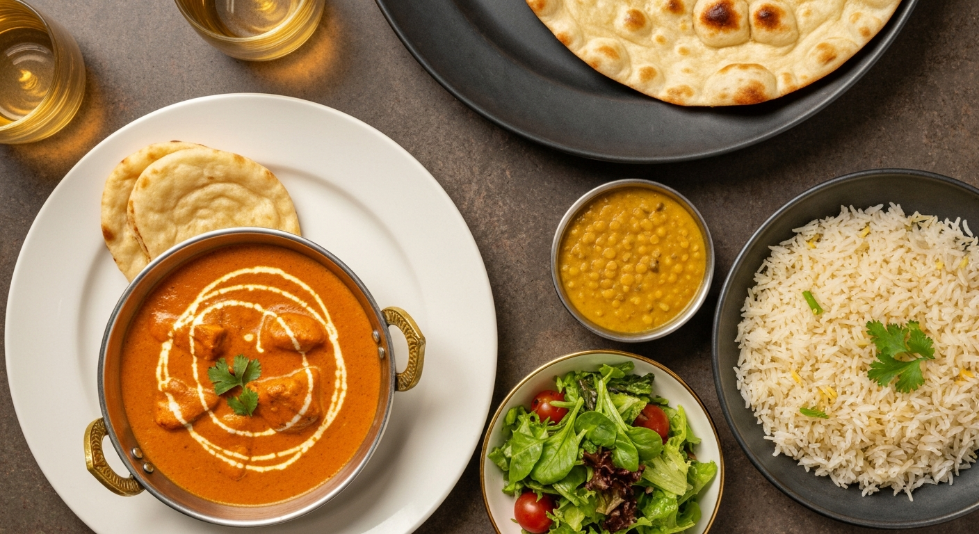 An artfully arranged spread of vibrant Indian dishes suitable for a hotel pop-up menu, including a rich butter chicken, fluffy basmati rice, crispy naan bread, and a colorful lentil dal, all presented on elegant serving ware.