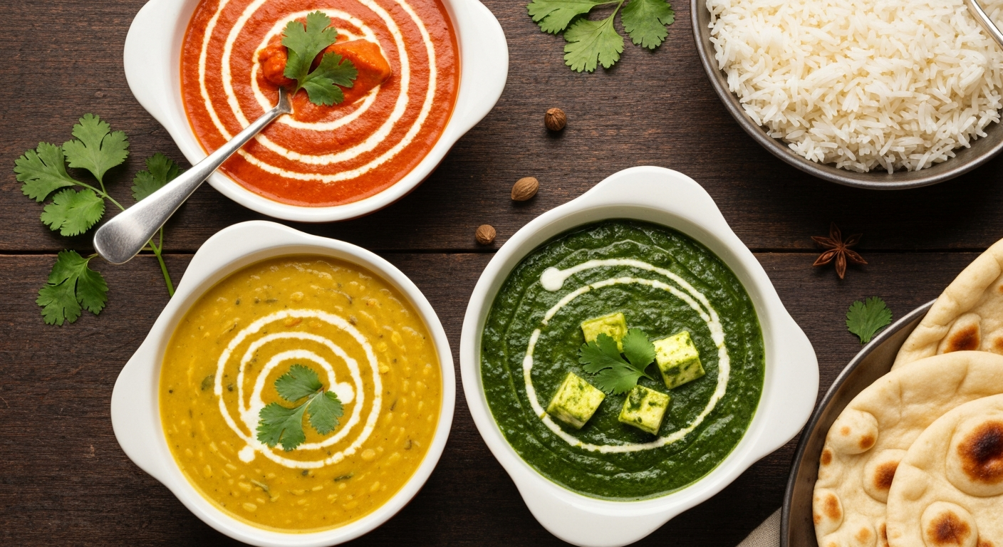 A professional food photography shot of several vibrant Indian curries and gravies in small bowls, garnished with fresh herbs, alongside some basmati rice and naan bread, ready for a ghost kitchen menu.
