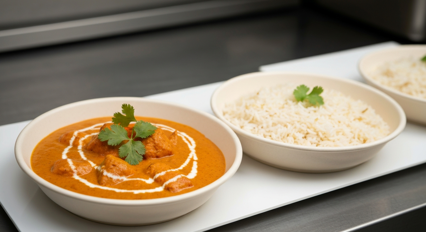 A perfectly plated, steaming bowl of authentic Indian butter chicken, garnished with fresh cilantro, next to a portion of fluffy basmati rice, ready for high-volume catering service.