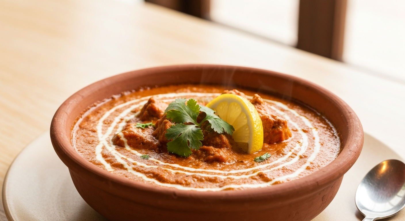 A close-up, top-down shot of a vibrant, rich Indian curry (like a Paneer Makhani or Butter Chicken) served in a elegant white bowl on a dark wooden table, garnished with fresh cilantro, with a blurred background of a sophisticated hotel restaurant setting.
