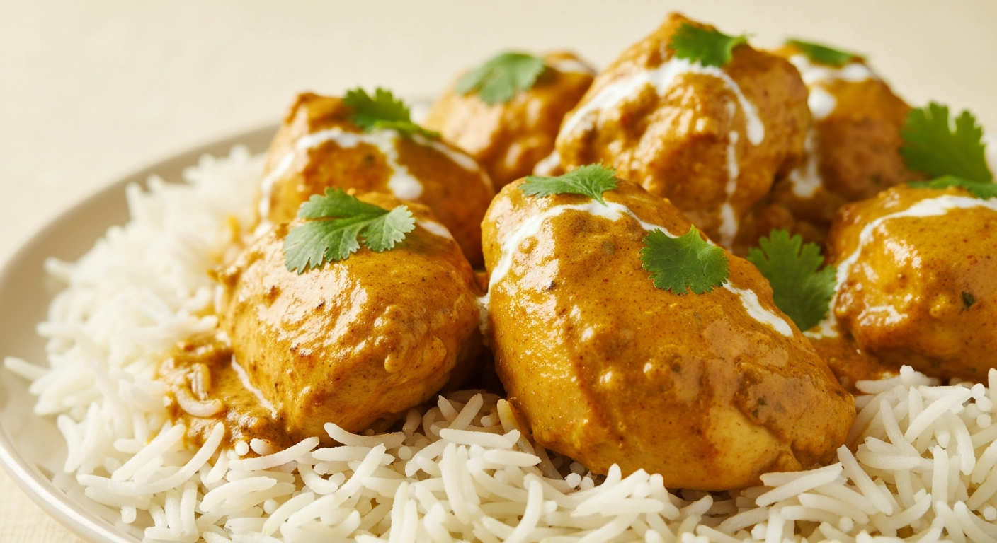 Plated Indian Butter Chicken with basmati rice, garnished with cilantro, ready for hotel room service
