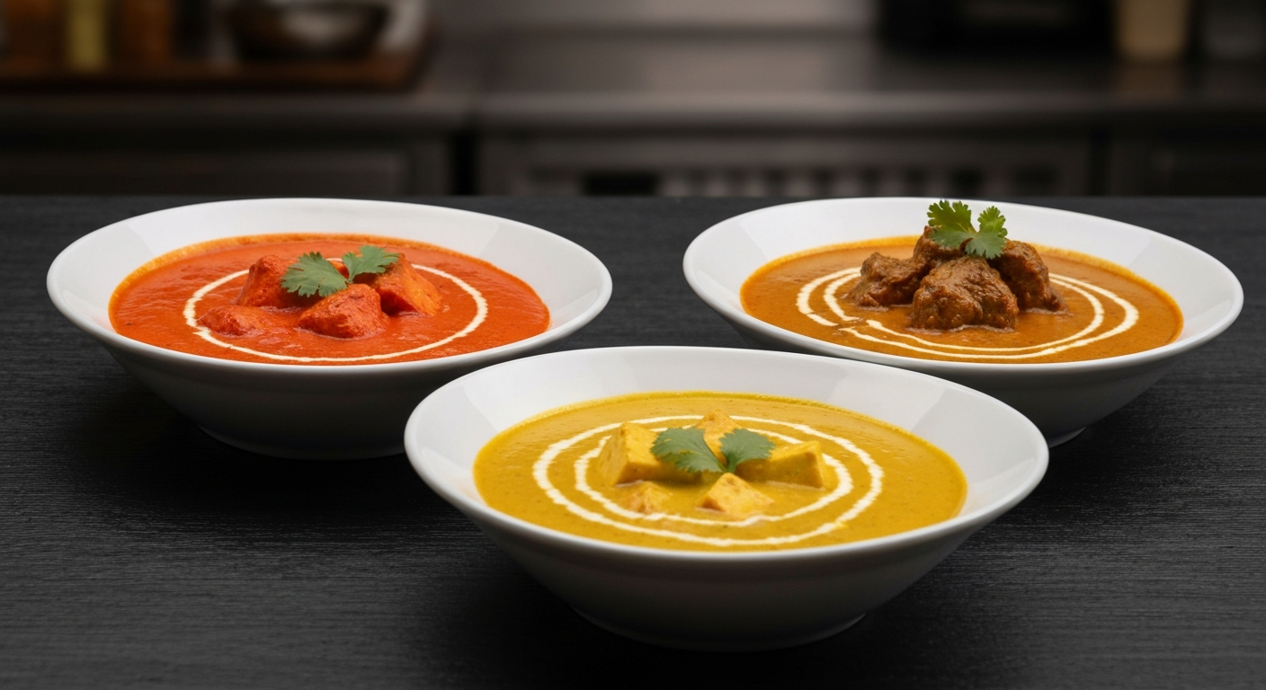A professional, appetizing photo of three distinct Indian curries (e.g., Butter Chicken, Lamb Rogan Josh, Paneer Korma) in identical serving bowls, garnished fresh, arranged uniformly on a dark, rustic wooden table, with a blurred background of a modern kitchen setting.