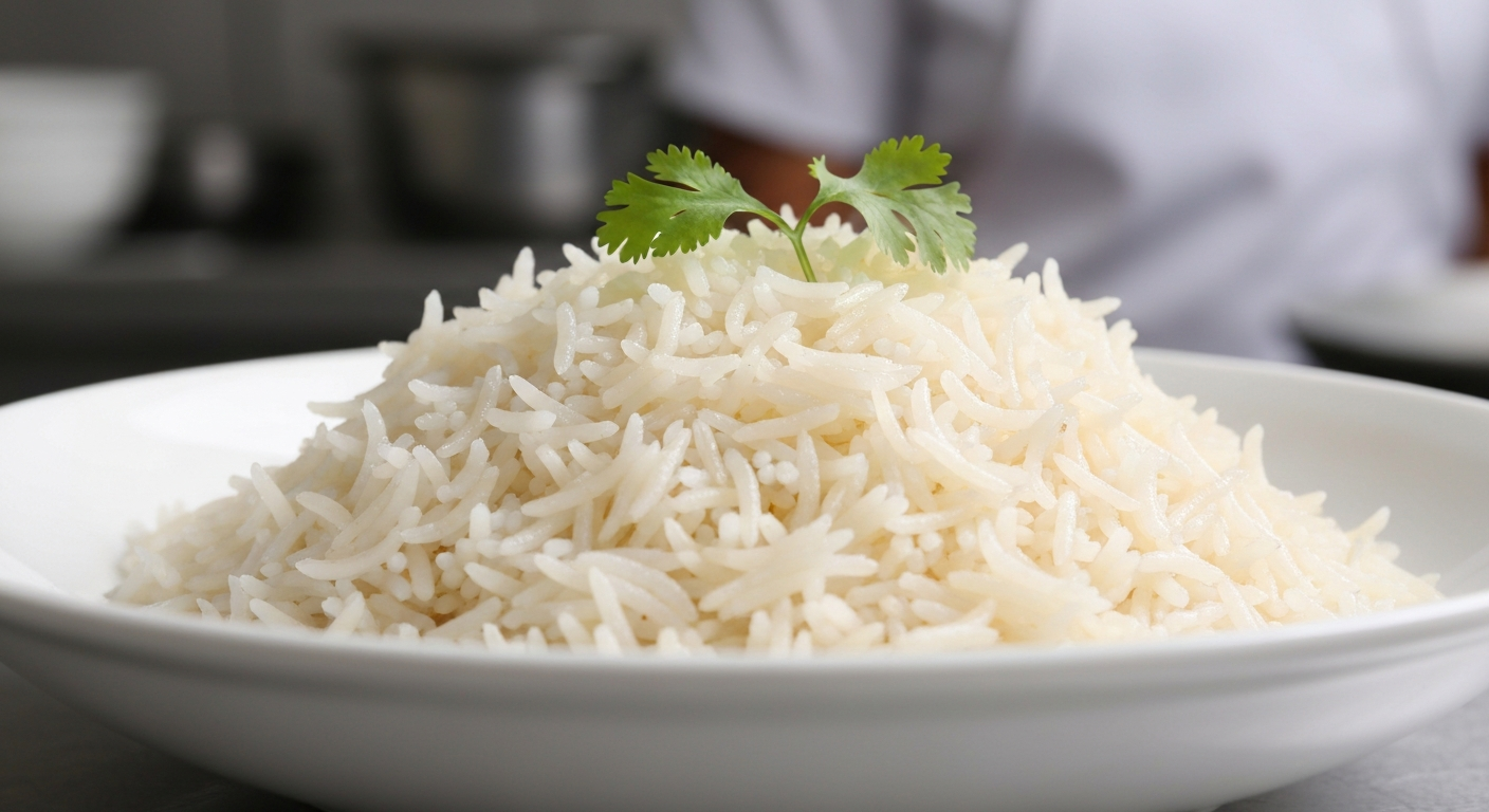Perfectly cooked, fluffy basmati rice served in a white bowl, garnished with fresh cilantro, ready to accompany an Indian curry.