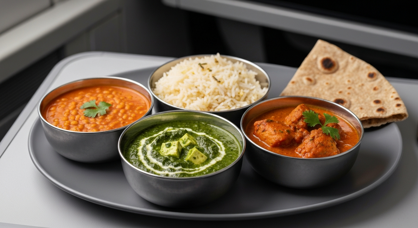 A vibrant, professionally plated Indian Thali meal on an airline tray table, featuring small bowls of diverse dishes: one vegan curry, one gluten-free dal, one Halal chicken dish, a portion of basmati rice, and a piece of whole wheat roti. The setting is clean and modern, implying travel.