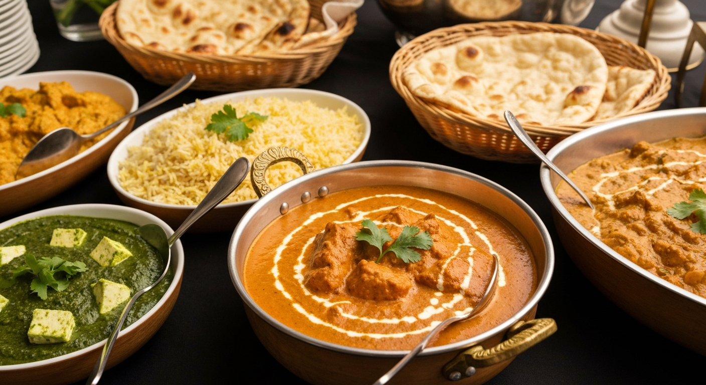 A vibrant spread of professionally plated Indian dishes, including a rich chicken tikka masala, fragrant basmati rice, a creamy saag paneer, and fresh naan bread, on a catering table.