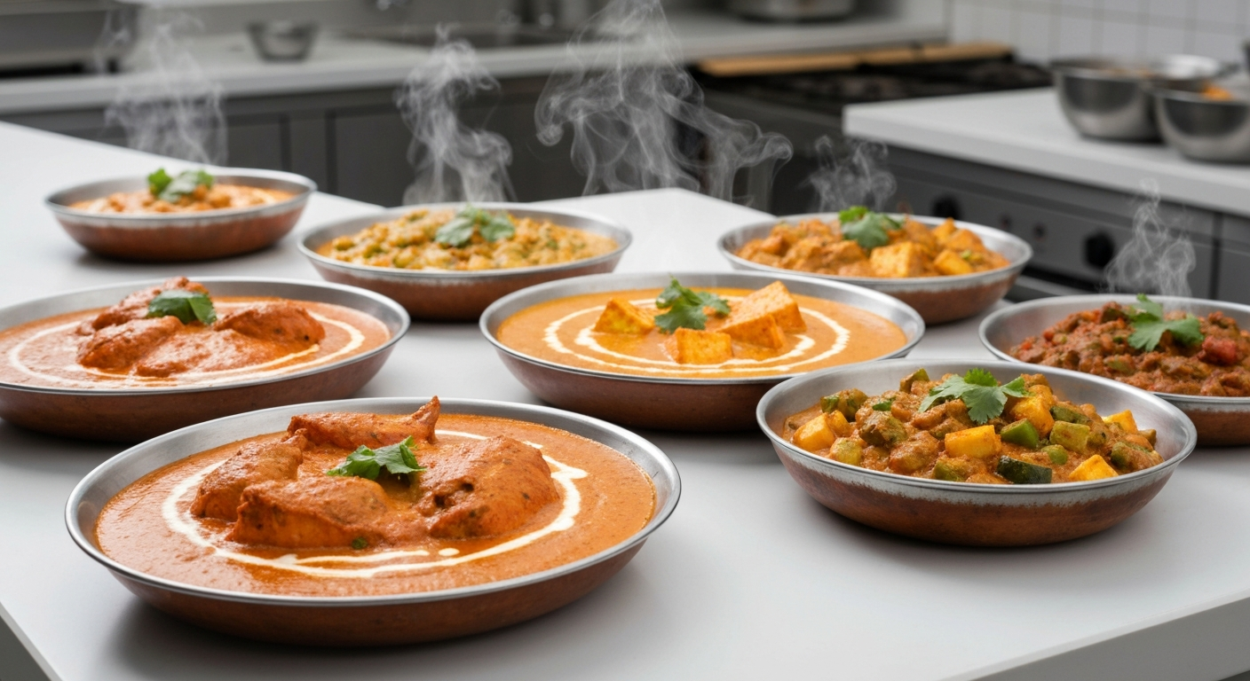 Assortment of vibrant Indian dishes prepared quickly in a ghost kitchen setting, showcasing efficiency and flavor.