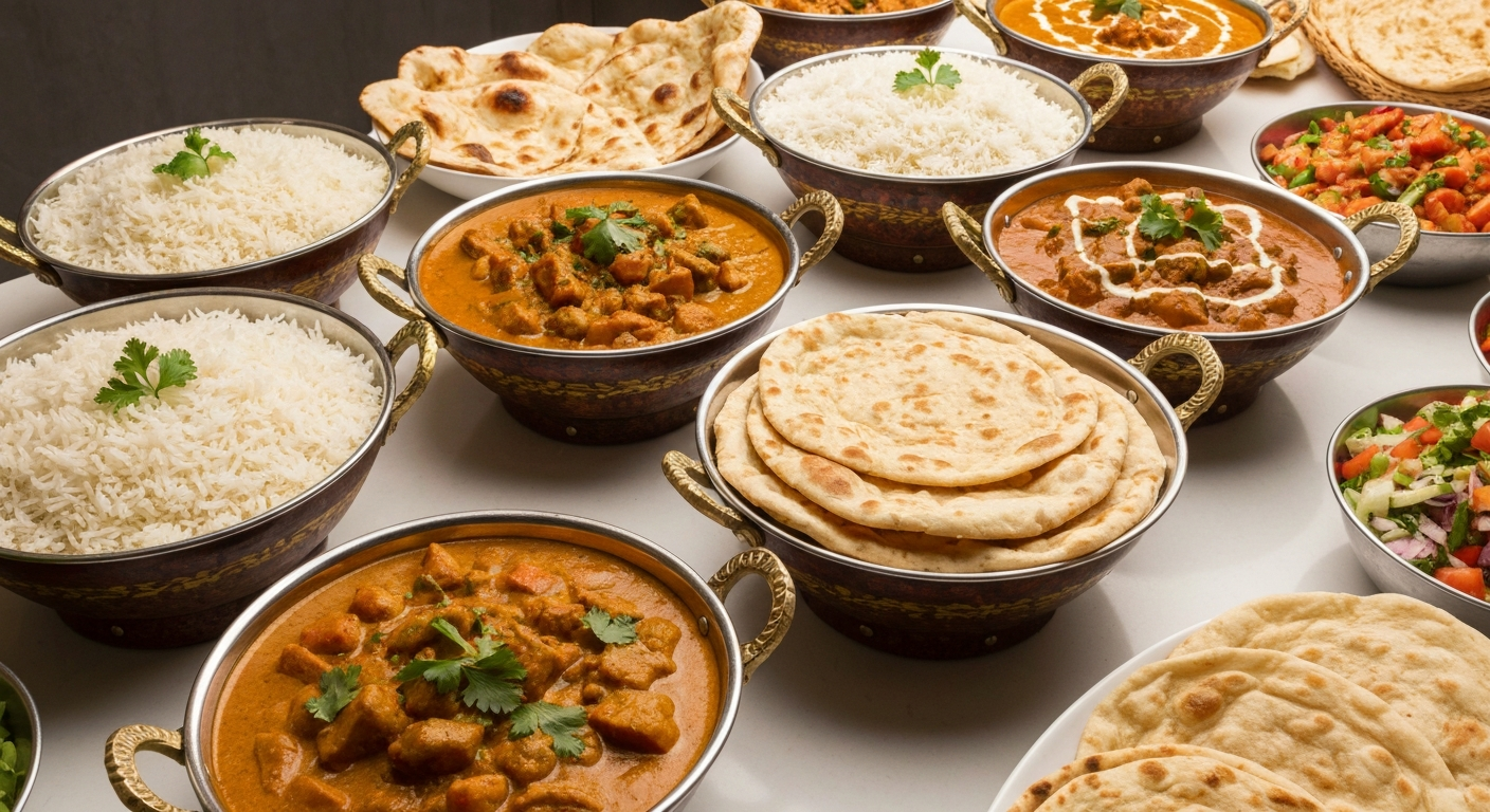 A vibrant buffet spread of Indian catering dishes, showcasing a variety of curries, rice, breads, and condiments, beautifully presented for an event, highlighting customizable options.