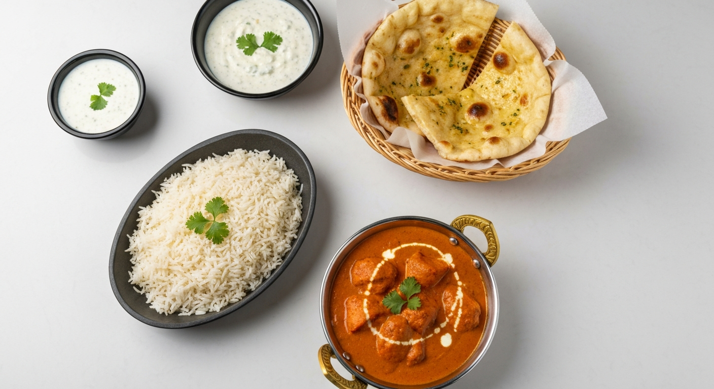 Overhead shot of an inviting spread of vibrant Indian dishes, including a rich butter chicken, fluffy basmati rice, warm garlic naan, and a fresh raita, arranged artfully on a professional kitchen surface.