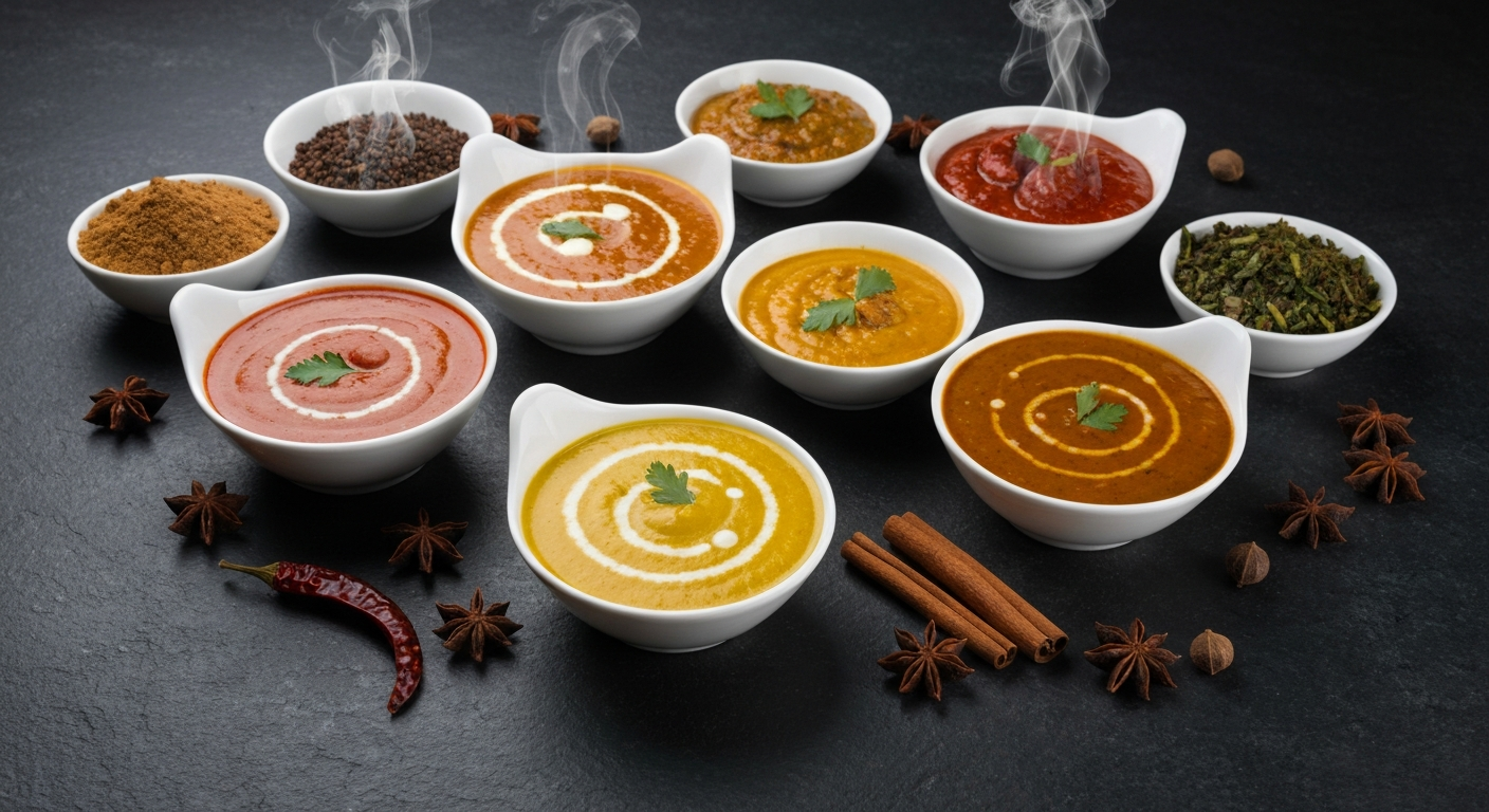 Assortment of vibrant Indian gravies and spices, professionally plated for foodservice kitchens, showcasing quality and consistency