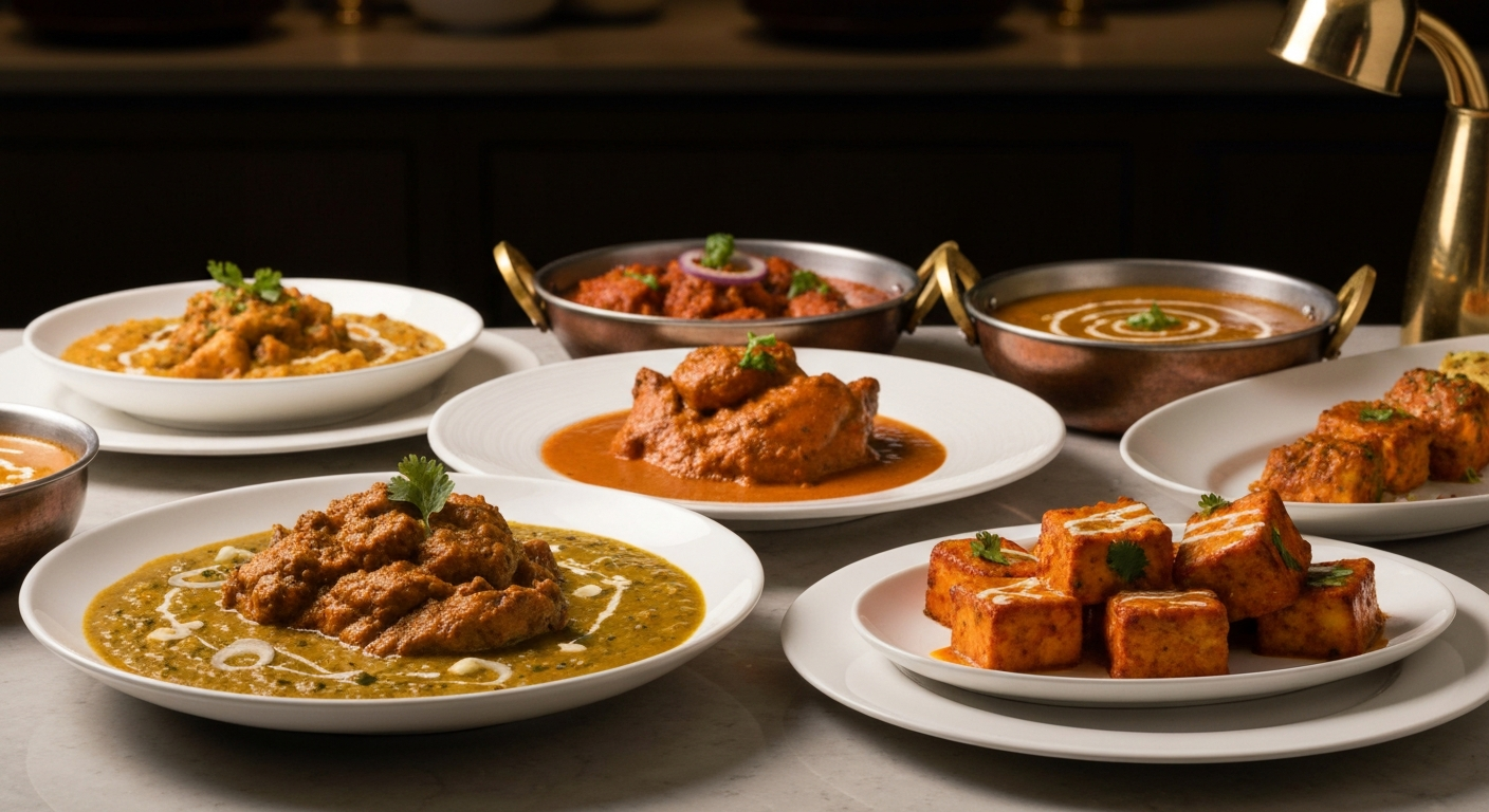An elegant spread of authentic Indian dishes like Butter Chicken, Paneer Makhani, and Dal Makhani, professionally plated in a sophisticated hotel dining setting, emphasizing freshness and quality.