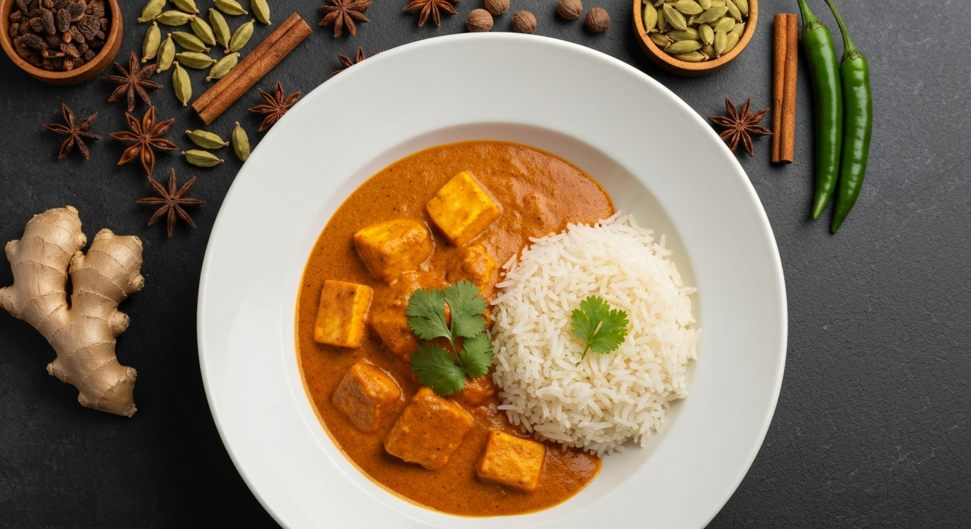 Professionally plated Indian curry dish with rice, spices, and fresh herbs, showcasing high-quality foodservice ingredients.