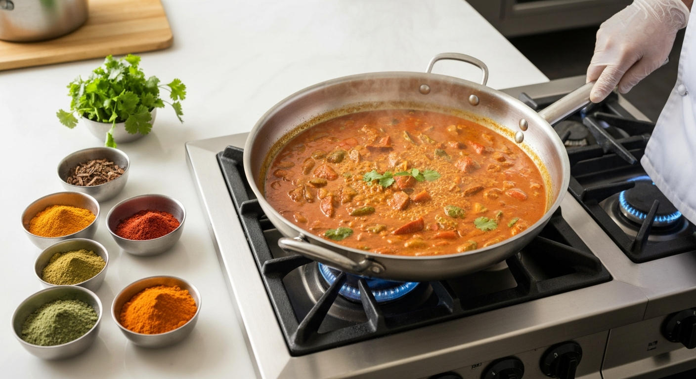 A chef's hand stirring a rich, vibrant Indian curry in a professional stainless steel pan, with various fresh spices and ingredients artfully arranged around the cooking station, conveying a blend of authenticity and modern kitchen efficiency.