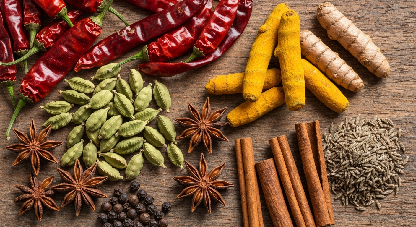 An overhead shot of vibrant, whole Indian spices artfully arranged on a rustic wooden table, including bright red chilies, green cardamom pods, golden turmeric root, star anise, cinnamon sticks, and black peppercorns, creating an appetizing and authentic culinary display.