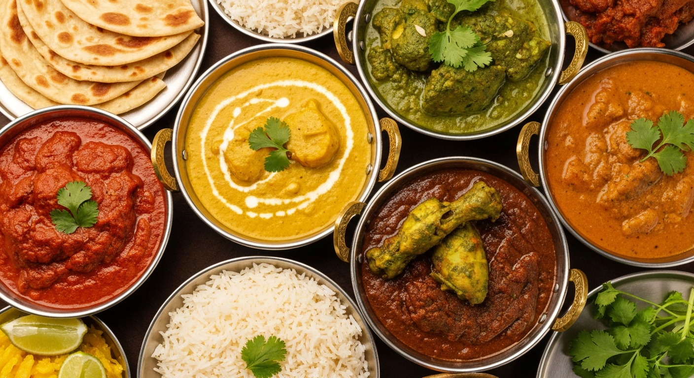 A vibrant spread of diverse regional Indian dishes, including a rich red Rogan Josh, a creamy yellow Fish Moilee, a spicy green Chettinad Chicken, and colorful sides of rice and naan, professionally plated.