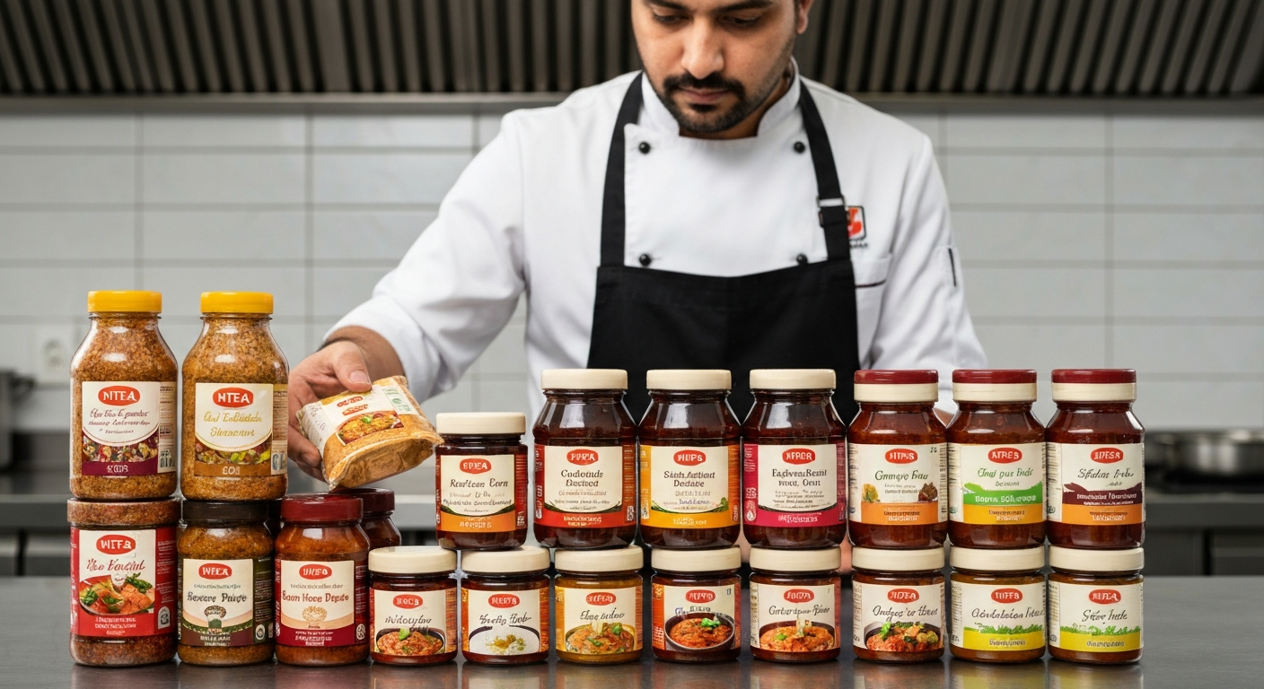 A professional kitchen chef inspecting a delivery of AVENOR brand Indian food products, focusing on the quality and freshness of ingredients like gravies and spices, with clear labels and certifications visible.