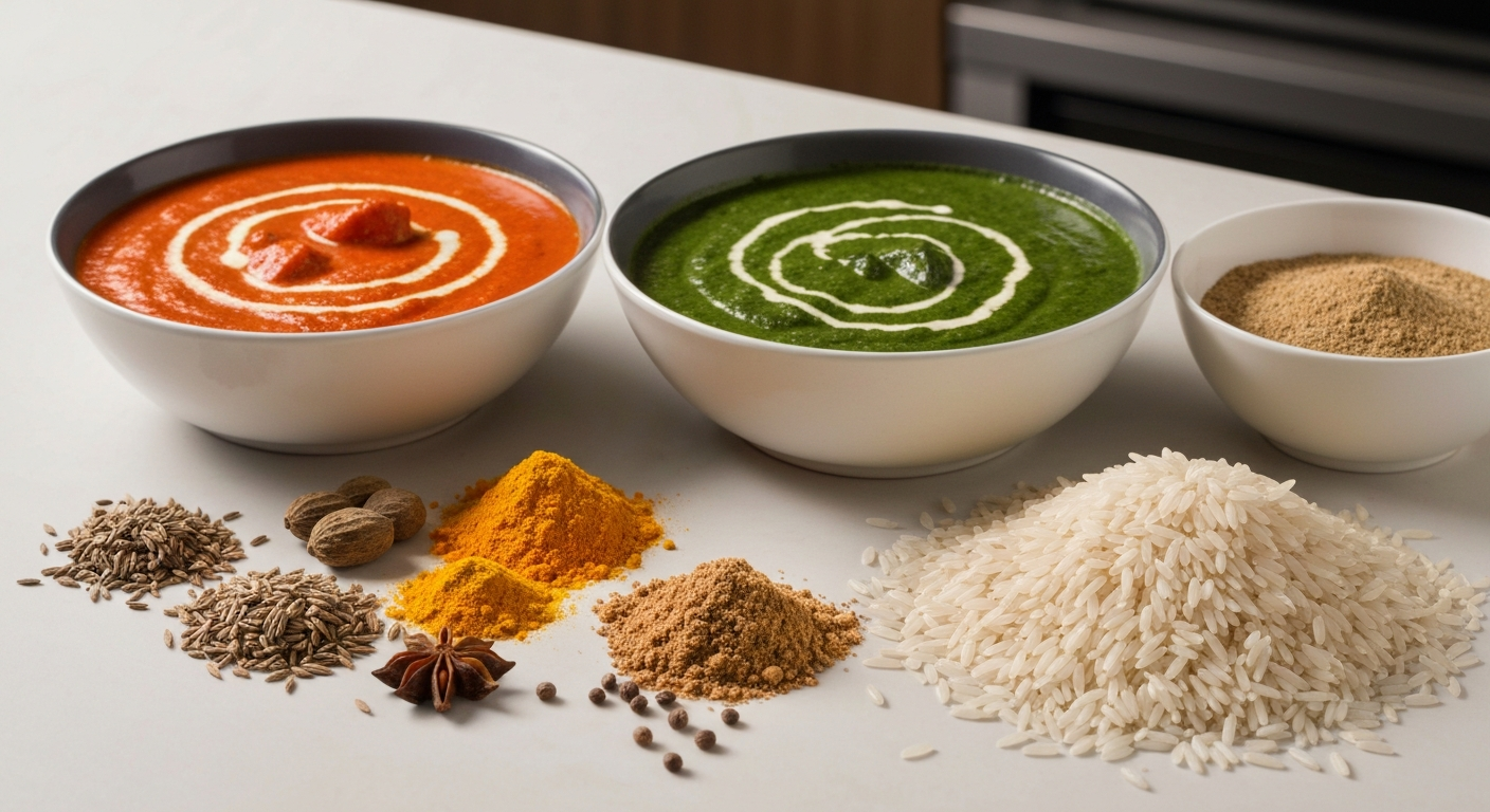 Assortment of vibrant Indian spices, gravies, and basmati rice in professional kitchen containers, showcasing quality and authenticity.