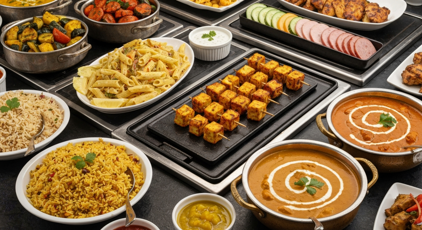 A vibrant and diverse hotel buffet spread featuring seamlessly integrated Indian dishes alongside international cuisine, showcasing a mix of hot dishes, salads, and condiments.