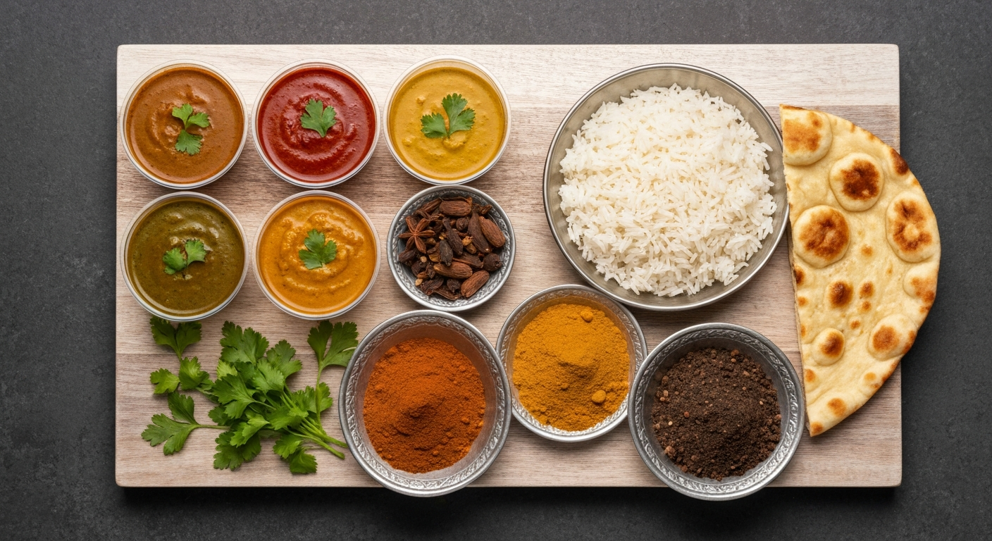 Deconstructed Indian meal kit components beautifully arranged, including vibrant gravies, basmati rice, various spices, and naan bread, ready for home assembly.