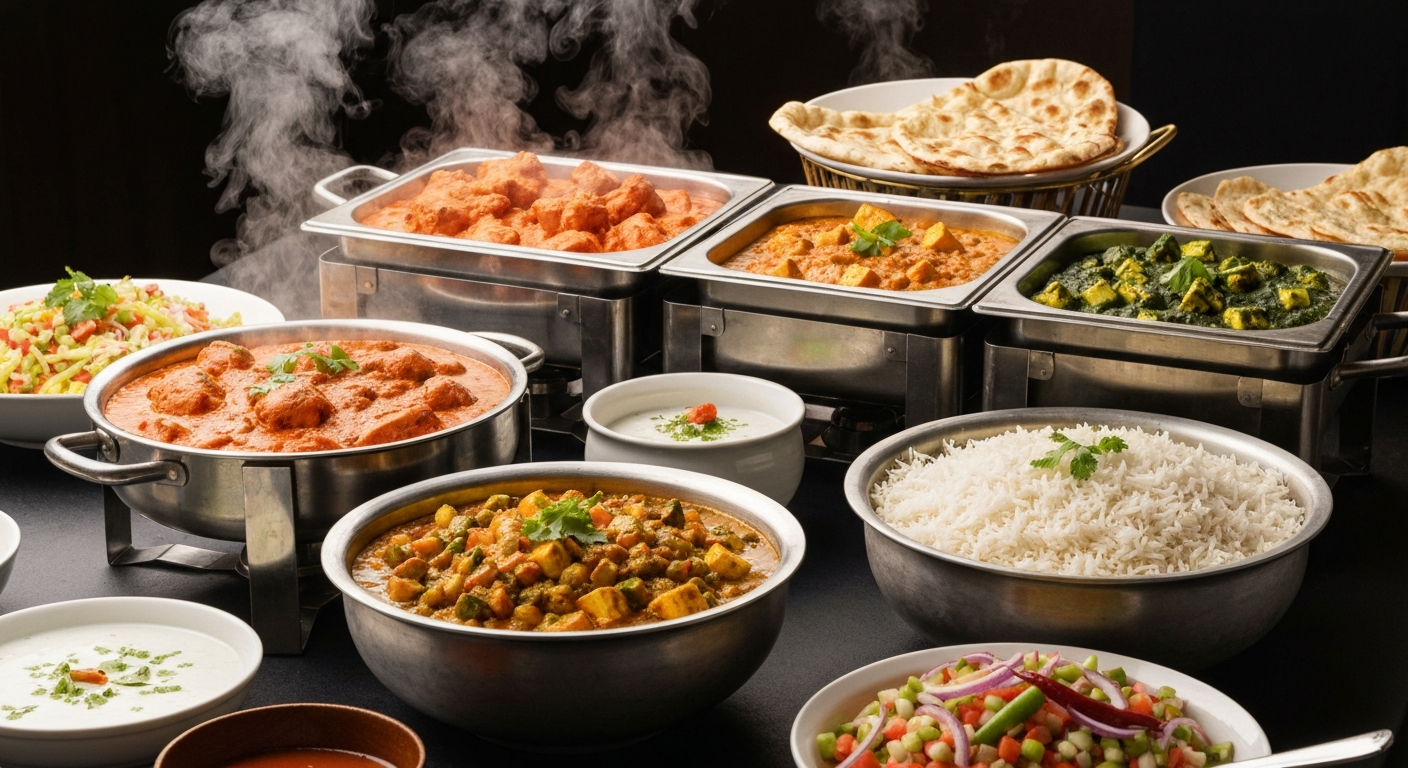 An elegant corporate catering buffet featuring a variety of authentic Indian dishes, including Butter Chicken, Palak Paneer, fragrant Basmati rice, and an assortment of fresh naan bread, all beautifully arranged for a professional event.