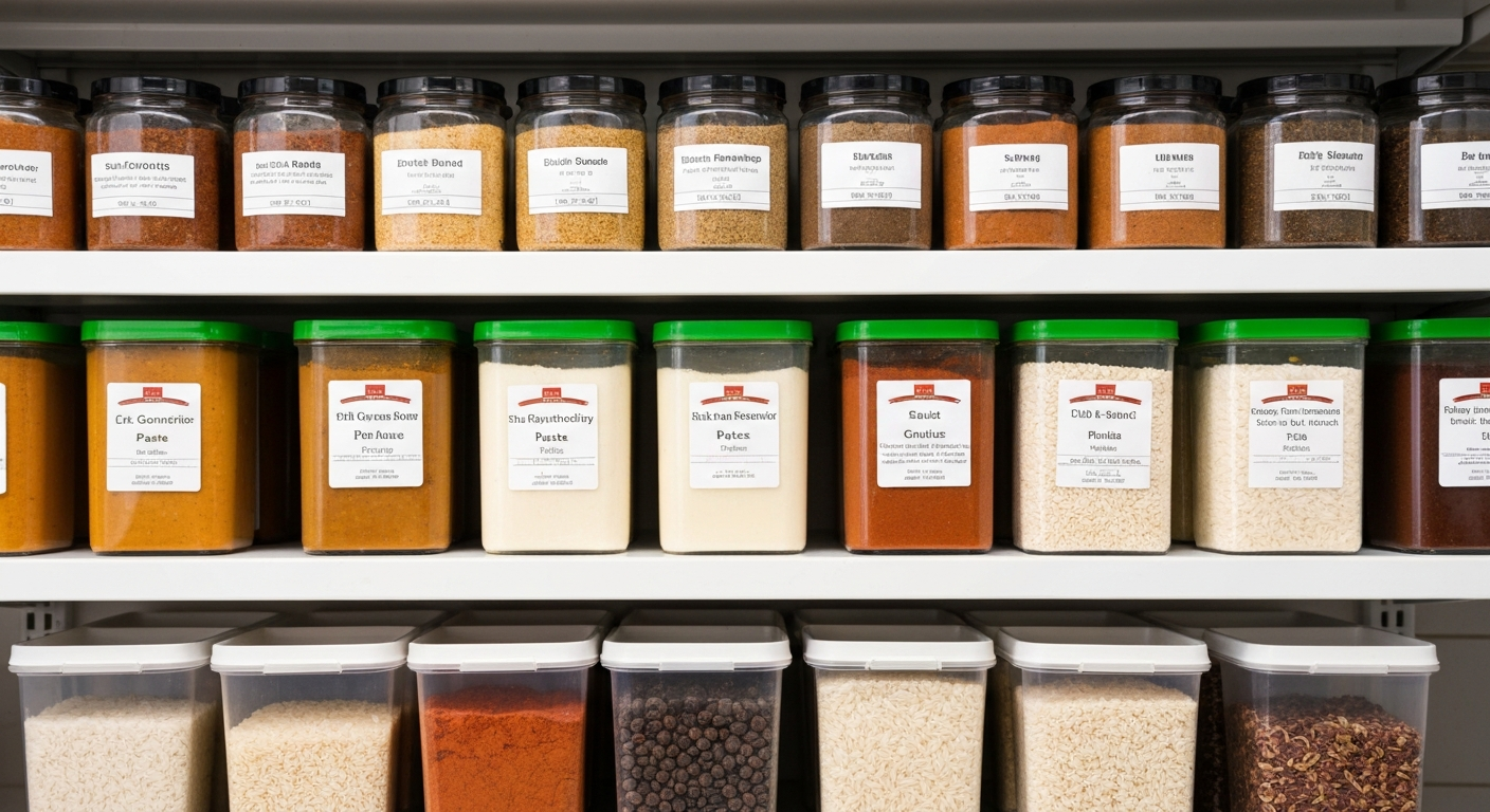 An overhead shot of an organized professional kitchen pantry shelf stocked with various bulk containers of Indian gravies, pastes, spices, and rice, all clearly labeled, reflecting efficient inventory management.
