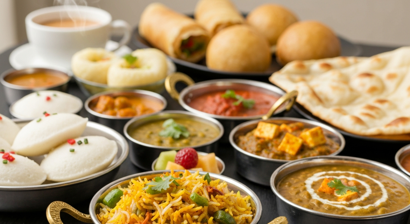 A vibrant buffet spread of Indian breakfast and lunch items for corporate catering, featuring idli, dosa, biryani, curries, naan, and fresh fruit.