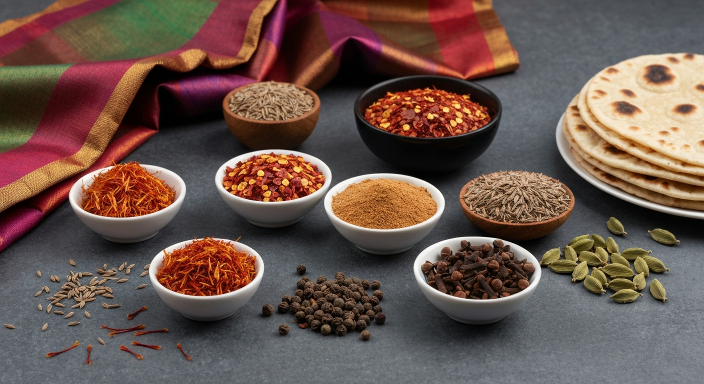 Assortment of authentic Indian spices, gravies, and rice, symbolizing consistent ingredient sourcing.