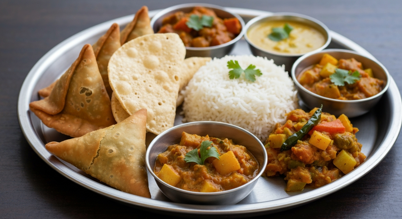 A vibrant, professionally arranged spread of Indian corporate lunch dishes in stackable catering containers, including curries, rice, naan, and salad.