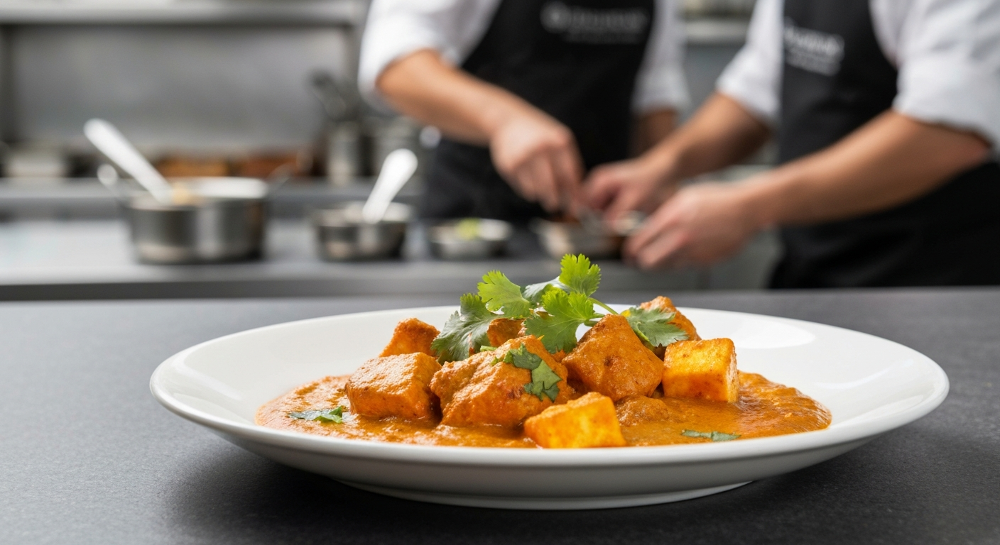 Plated Chicken Tikka Masala in a modern restaurant, symbolizing efficiency and quality in foodservice.