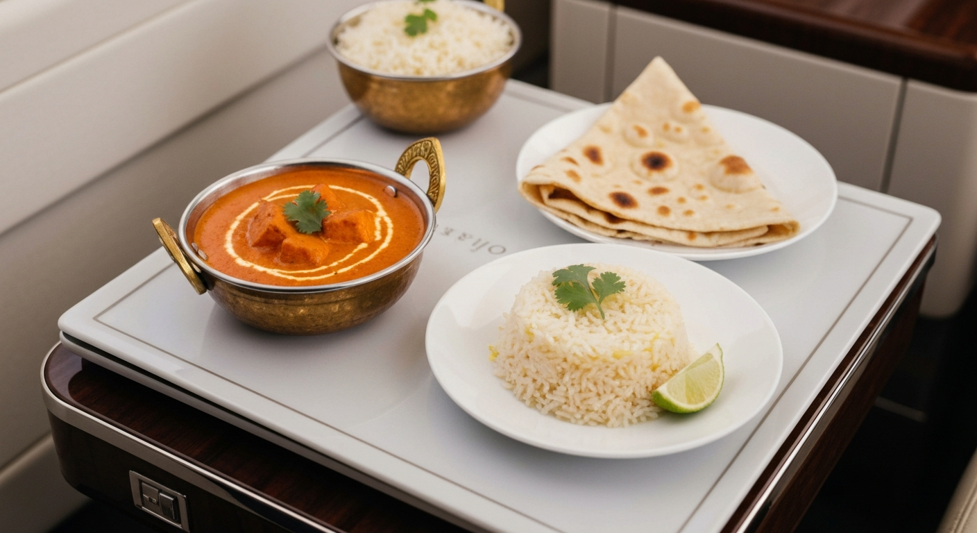 Luxurious Indian meal served on a private jet tray table, featuring a small bowl of creamy chicken curry, fragrant basmati rice, a piece of naan bread, and a fresh garnish, all elegantly presented.