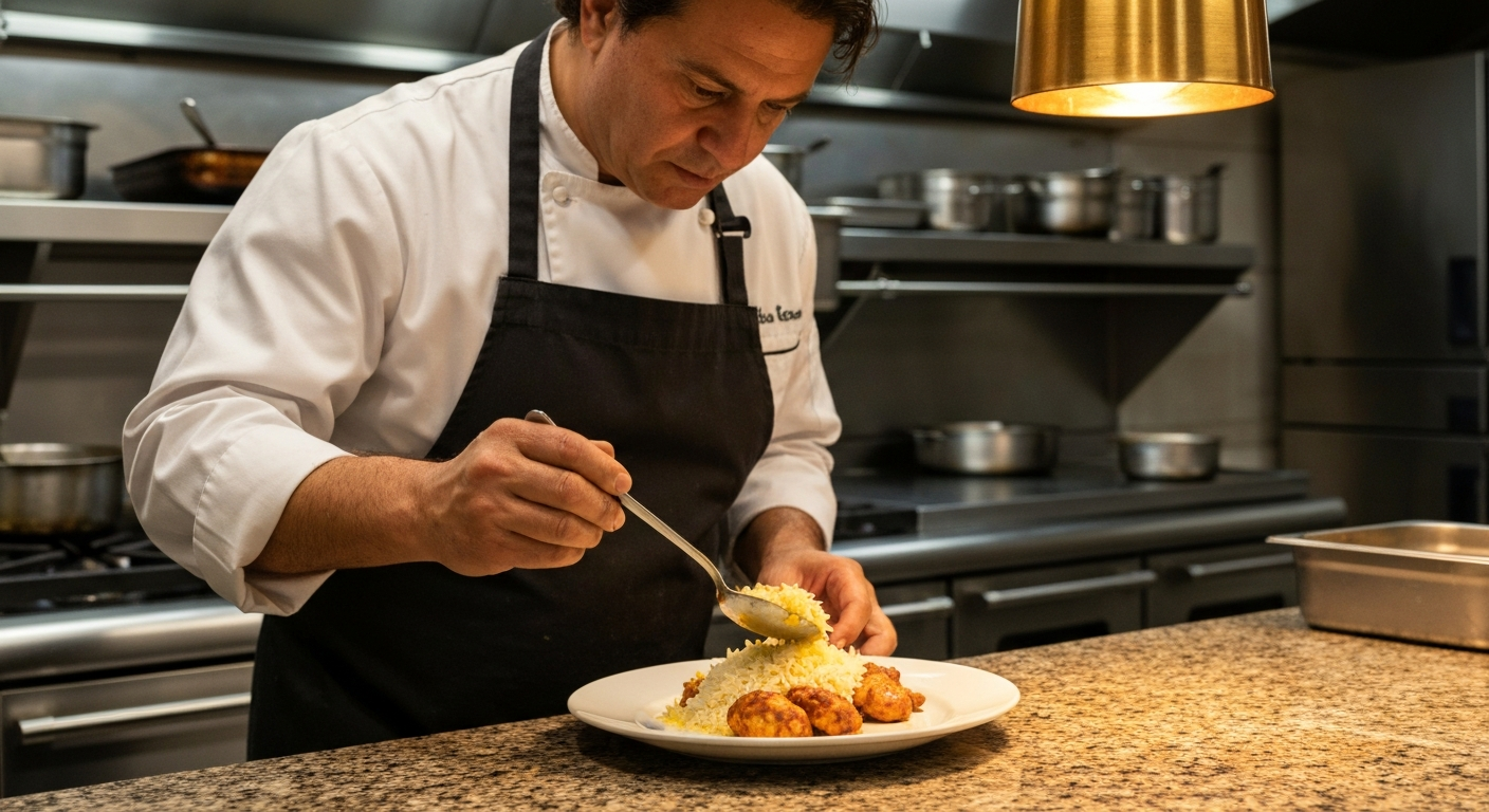 A professional chef precisely portioning a rich, vibrant Indian curry from a large pot into serving bowls in a modern, efficient kitchen setting.