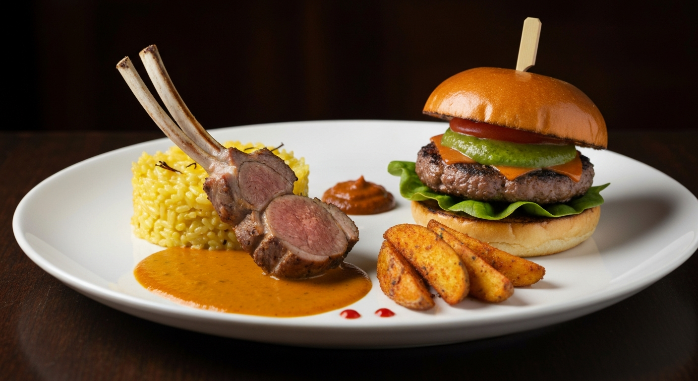 A beautifully plated dish showcasing the fusion of Indian and global cuisines, featuring a delicate lamb chop with a vibrant Indian-spiced sauce and a side of saffron-infused risotto, presented elegantly on a white plate.