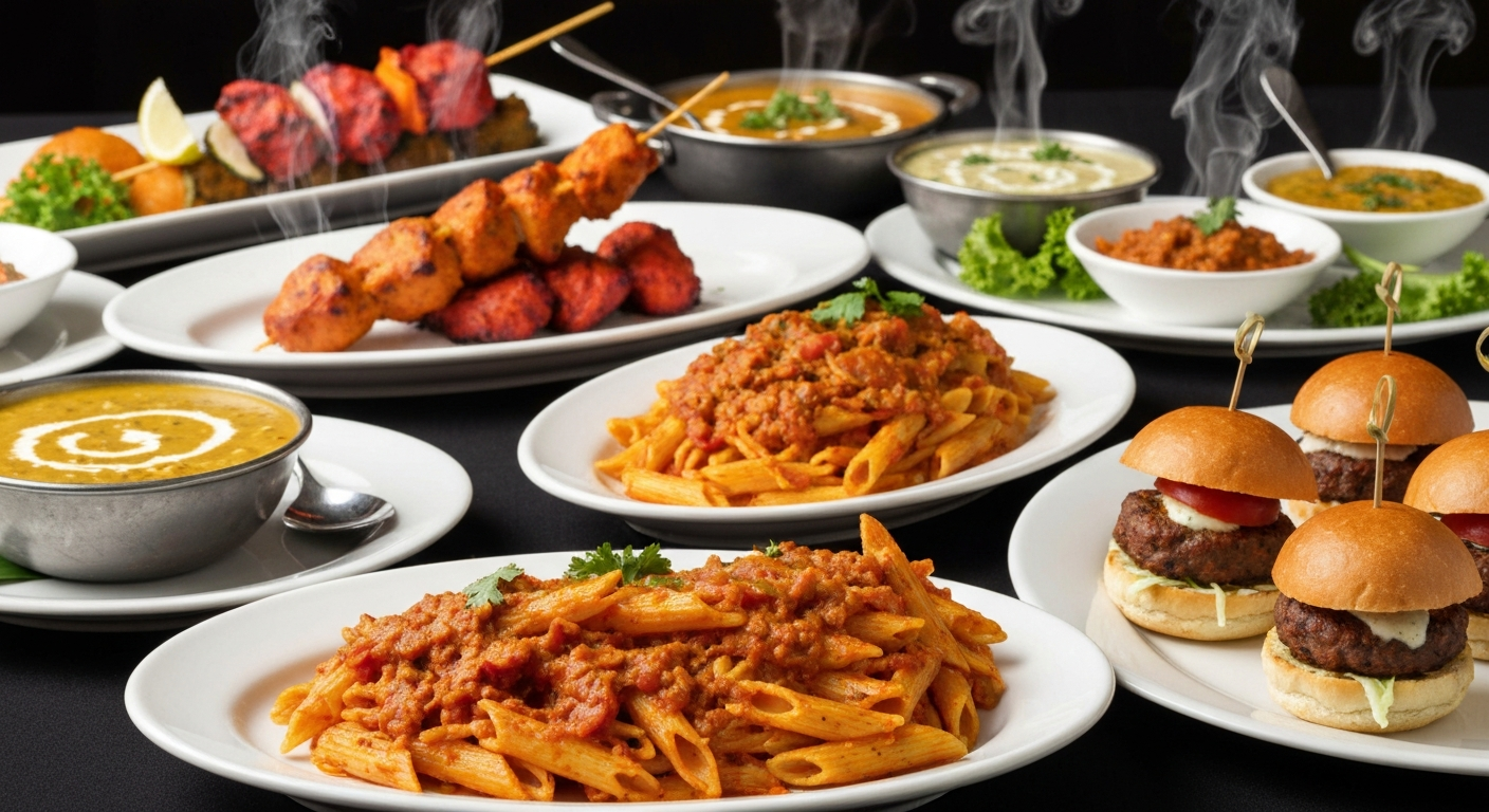A beautifully arranged hotel banquet table featuring a diverse spread of dishes, some clearly Indian-inspired, others with subtle Indian flavor infusions. Focus on elegant presentation, vibrant colors, and professional food photography.