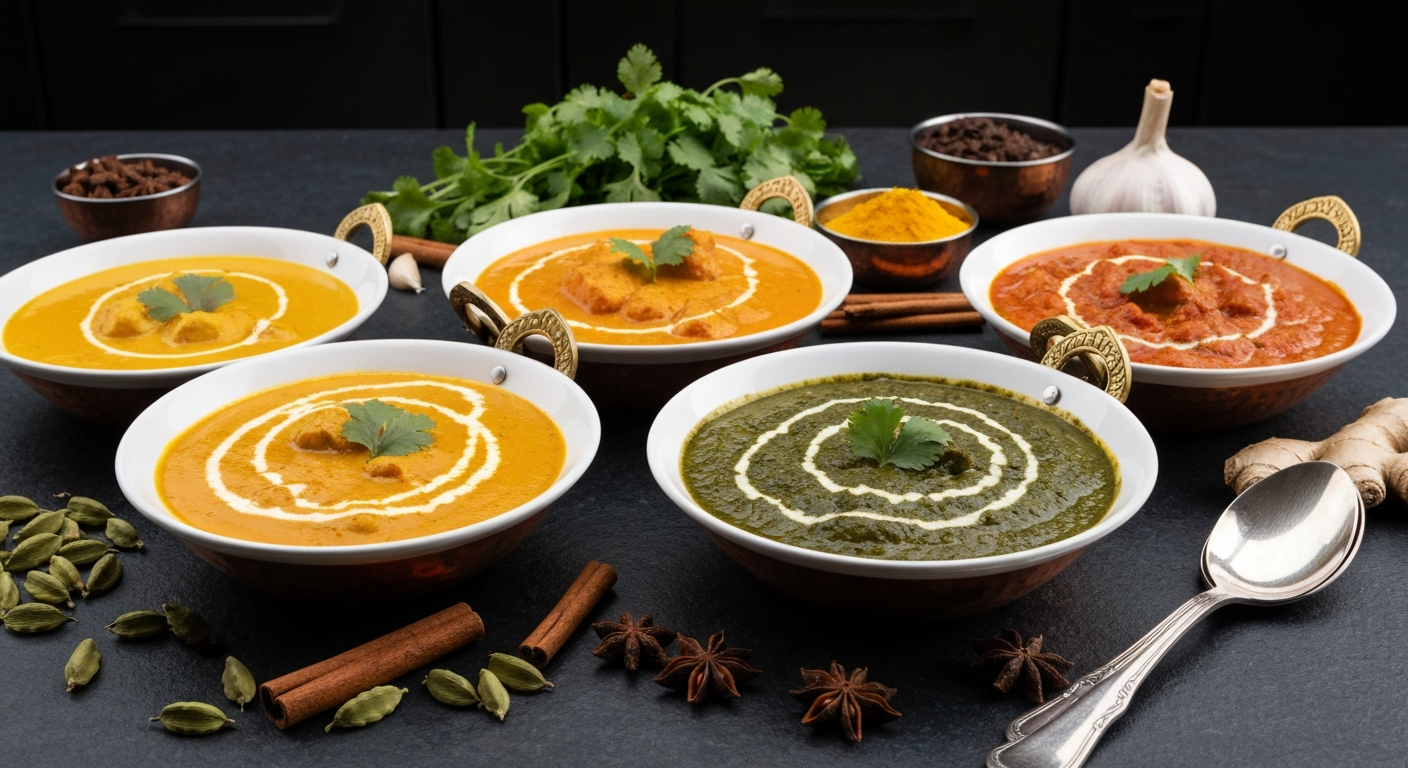 An overhead shot of an array of vibrant, authentic Indian gravies and sauces in professional stainless steel bowls, with various spices, fresh herbs, and cooking utensils arranged around them, suggesting a professional kitchen environment.