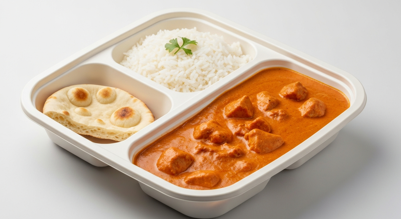 Appetizing professional food photography of a perfectly portioned airline crew Indian meal featuring Chicken Tikka Masala with basmati rice and a side of naan bread, presented in a high-quality, microwave-safe meal container.