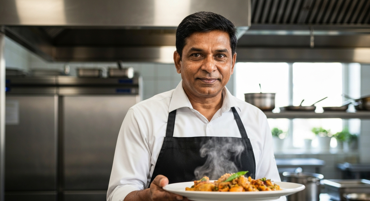 A professional chef preparing an Indian dish using a high-quality, pre-made AVENOR gravy in a modern commercial kitchen, illustrating efficiency and consistency.