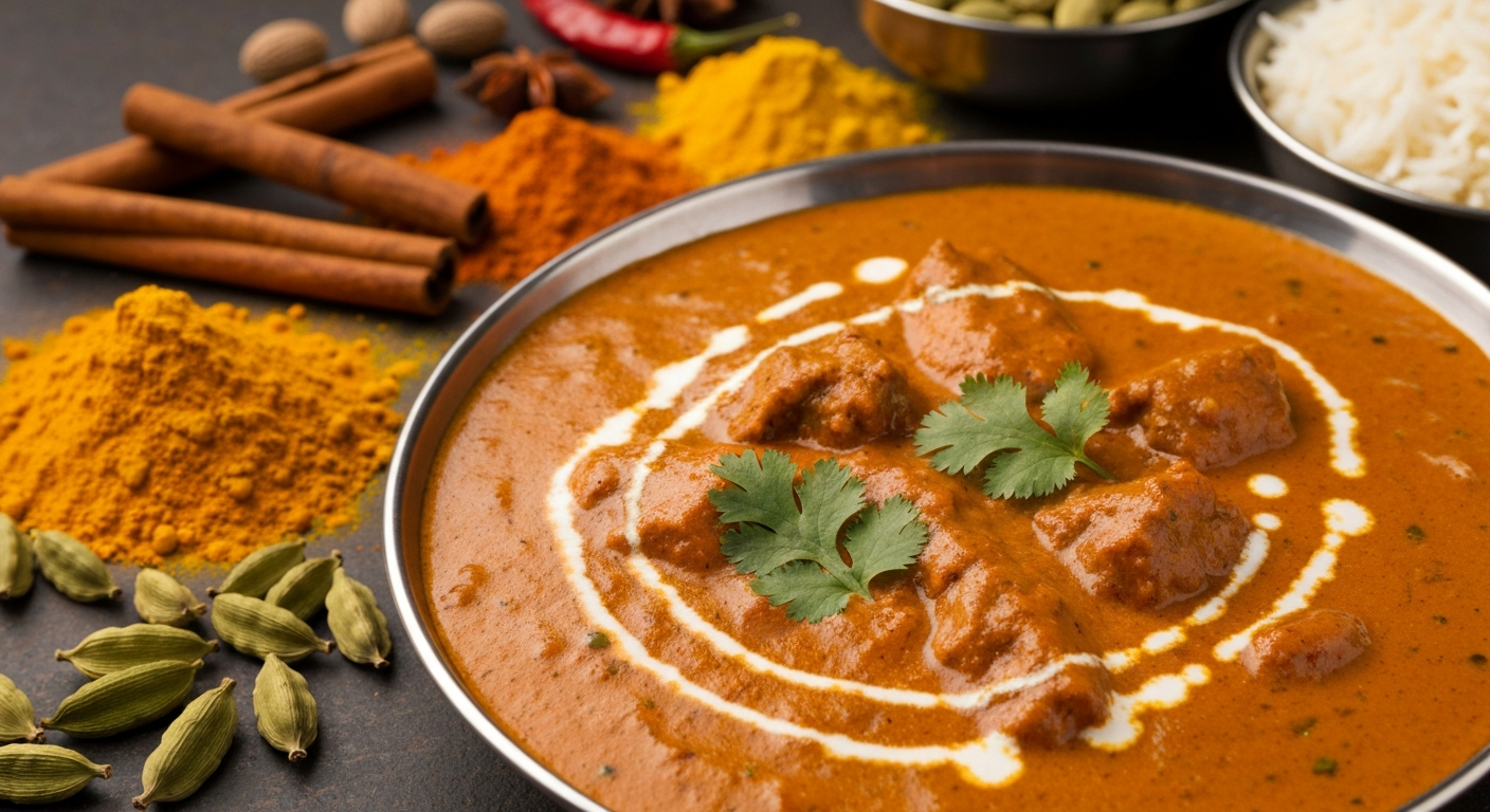 A vibrant, professionally plated Indian curry dish, showcasing rich gravies and fresh ingredients, set against a backdrop of authentic Indian spices and herbs, ready for a restaurant setting.