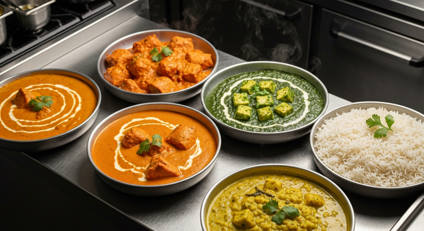 A vibrant and appetizing spread of authentic Indian dishes including Butter Chicken, Paneer Tikka Masala, and Dal Makhani, professionally plated in a commercial kitchen setting.