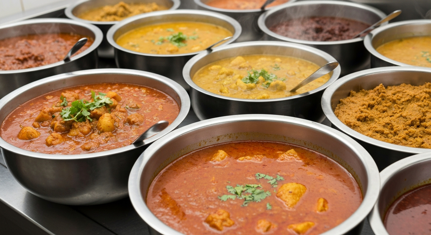 An overhead shot of an array of vibrant Indian gravies and pastes in stainless steel containers, alongside neatly arranged spices and basmati rice, ready for a professional kitchen setting.