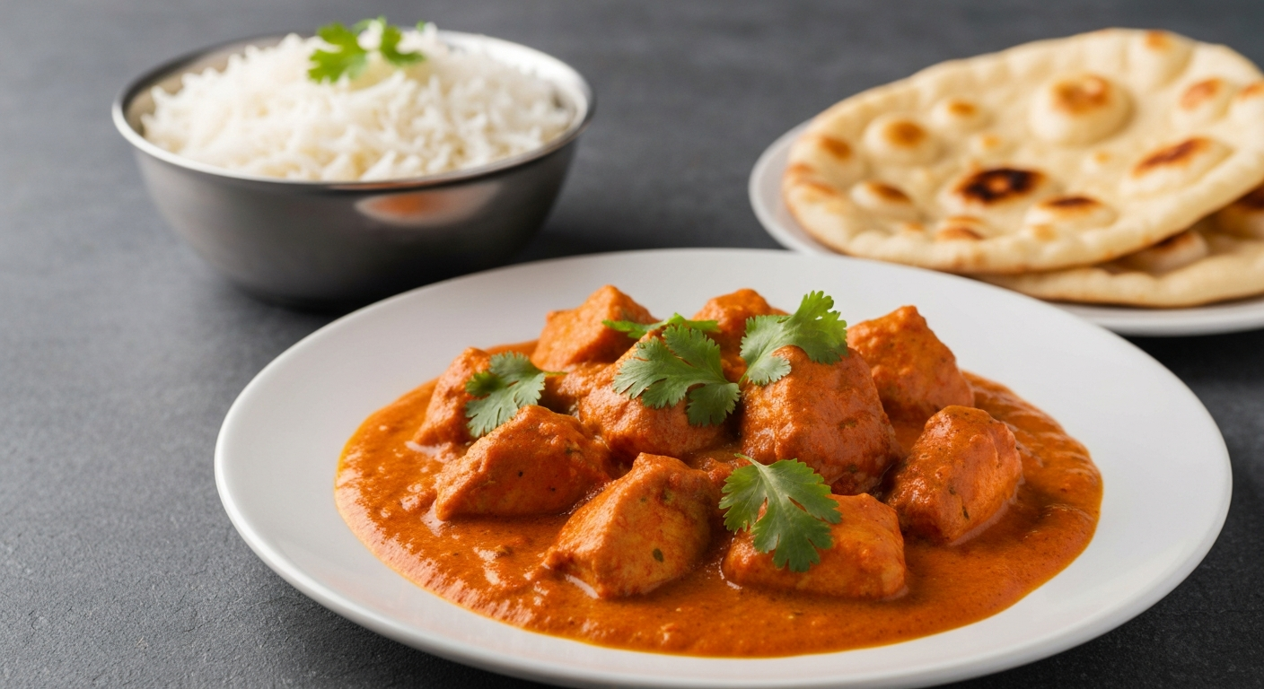 A close-up of a perfectly plated Chicken Tikka Masala dish, garnished with fresh cilantro, alongside a bowl of fluffy basmati rice and warm naan bread, showcasing vibrant colors and rich textures.