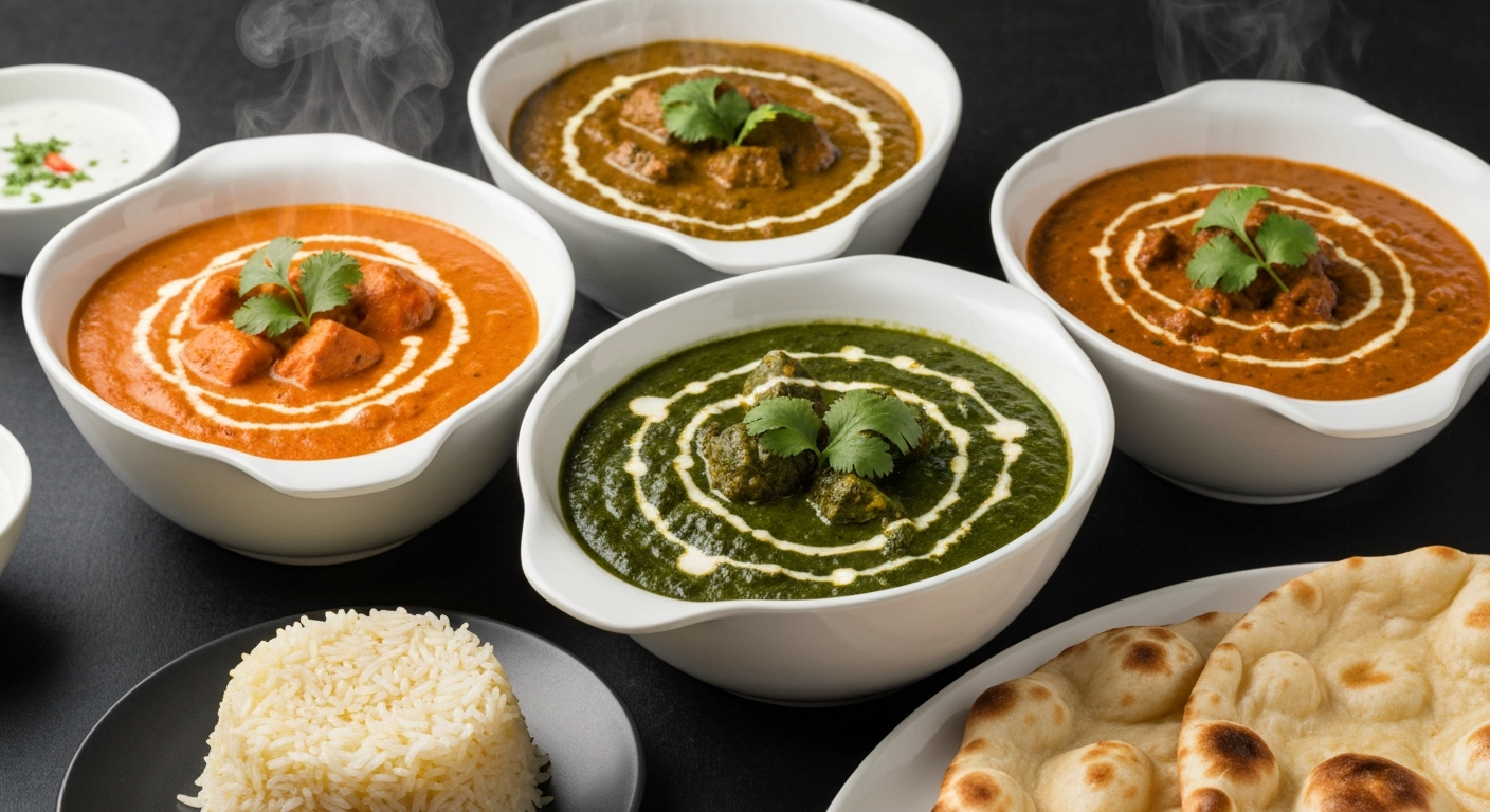 A vibrant spread of three different authentic Indian curries in elegant serving bowls, garnished with fresh cilantro and cream, accompanied by fluffy basmati rice and naan bread, suitable for a hotel buffet.