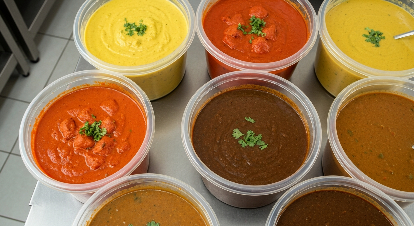 Assortment of vibrant Indian gravies and sauces in professional kitchen containers, ready for bulk use.