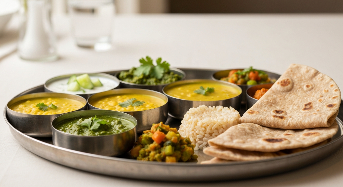 A vibrant and healthy Indian thali presented beautifully on a banana leaf, featuring small bowls of dal, sabzi, raita, rice, and a whole wheat roti, garnished with fresh herbs, suitable for a hotel wellness menu.