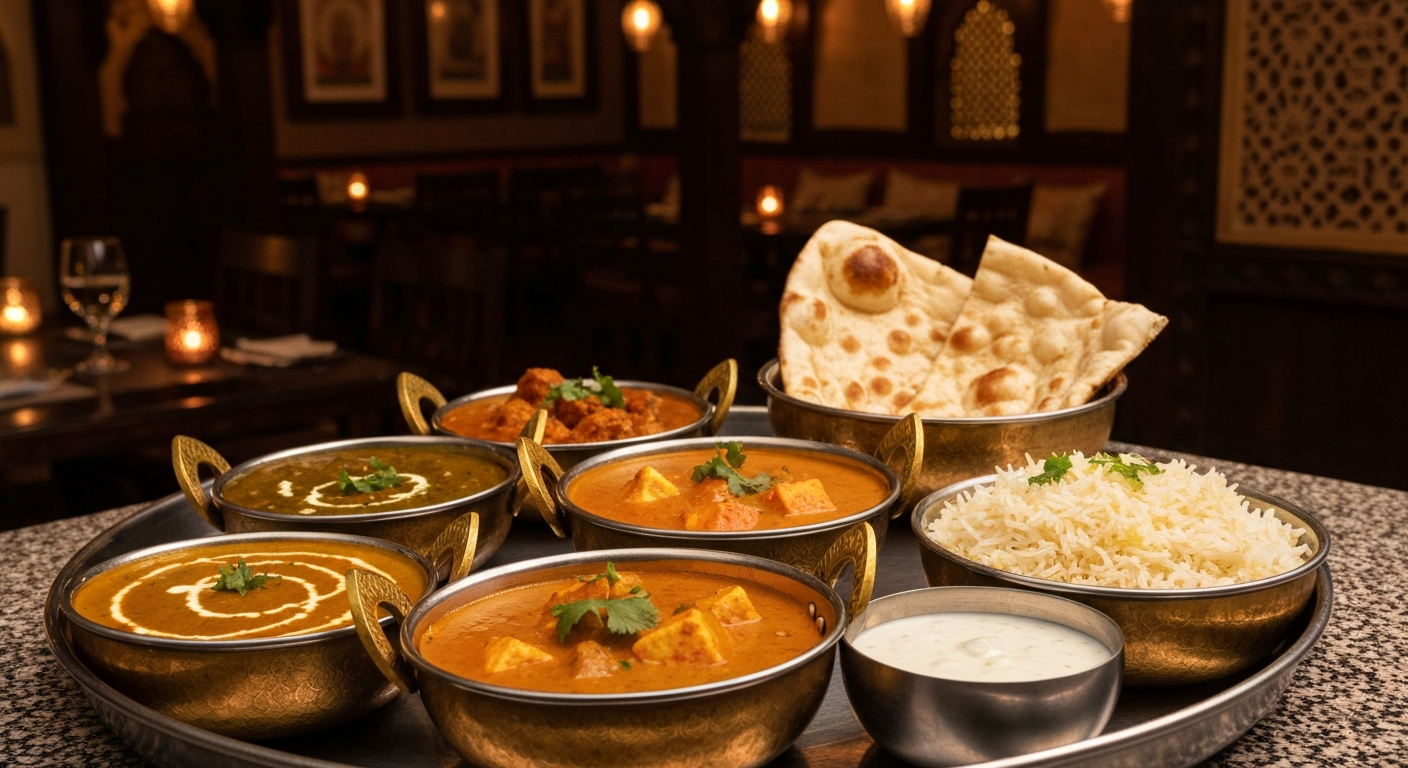 A beautifully plated Indian thali with various curries, rice, bread, and condiments, set on a rustic wooden table in a warmly lit restaurant, evoking an authentic dining experience.