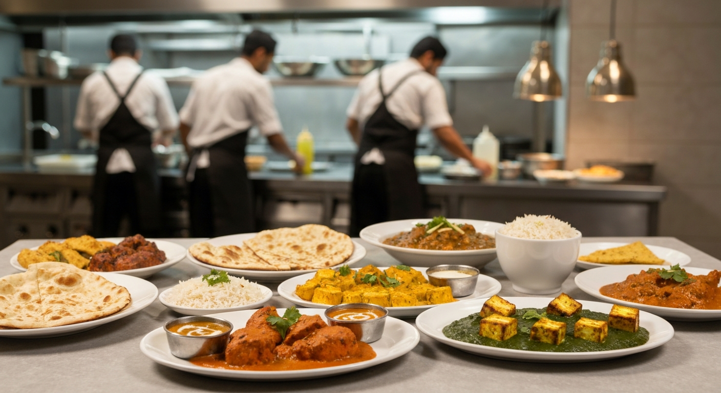 An appetizing spread of authentic Indian dishes like Butter Chicken, Palak Paneer, and Dal Makhani, professionally plated on a restaurant table, with a blurred background of a busy, efficient kitchen.