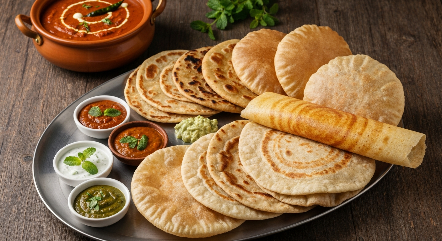 A vibrant platter showcasing an assortment of Indian flatbreads including golden parathas, puffed puris, soft rotis, and crispy dosas, served alongside small bowls of colorful chutneys, raita, and a rich, aromatic Indian curry in the background.
