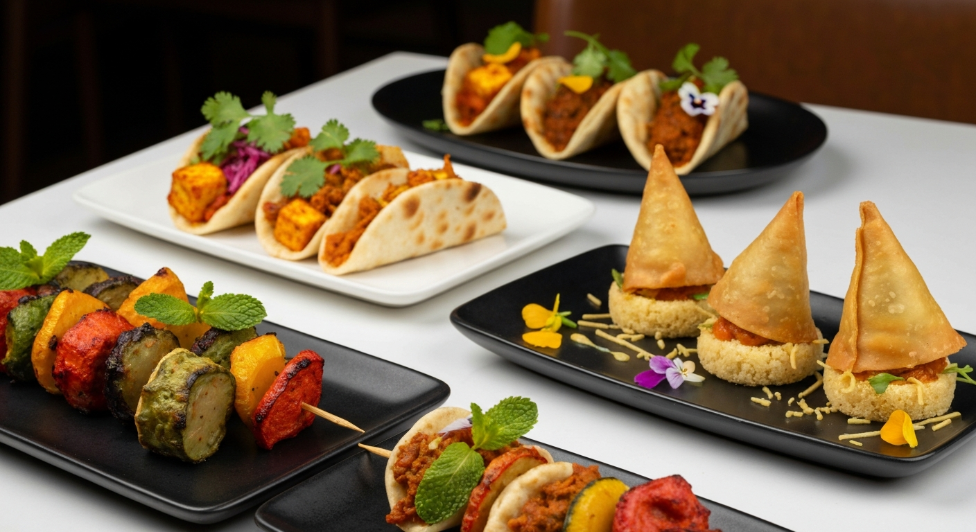 A vibrant spread of modern Indian small plates, including mini naan tacos with spiced paneer, colorful vegetable skewers, and a deconstructed samosa chaat, beautifully arranged on a rustic wooden table with fresh herbs.