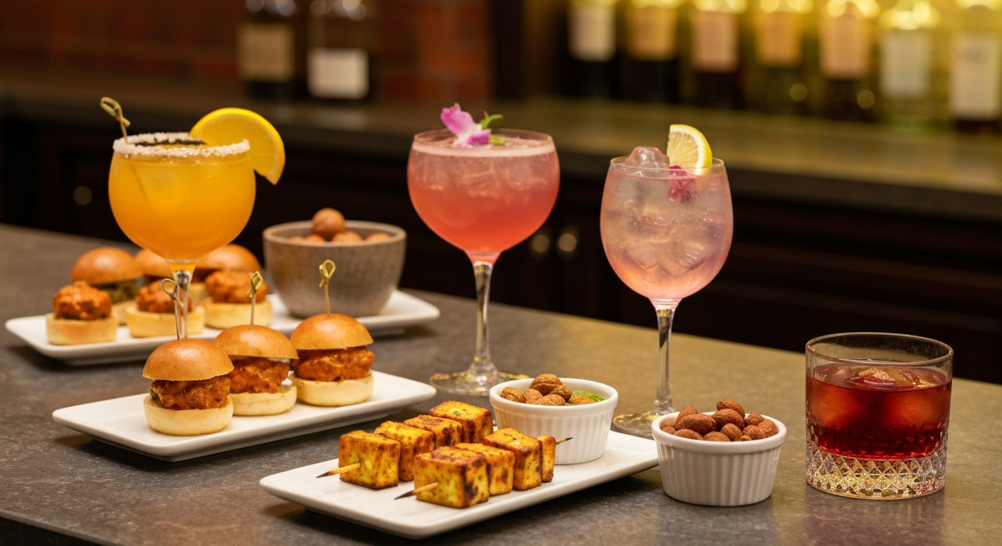 A vibrant spread of Indian-inspired bar snacks and cocktails, including a chili-mango margarita, a saffron gin and tonic, mini butter chicken sliders, and paneer tikka skewers elegantly arranged on a dark wooden bar counter.