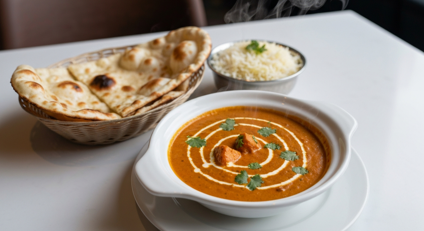 A vibrant, professionally plated Indian curry dish, such as butter chicken or paneer makhani, garnished with fresh cilantro, alongside a bowl of fragrant basmati rice and warm naan bread, in a restaurant setting.