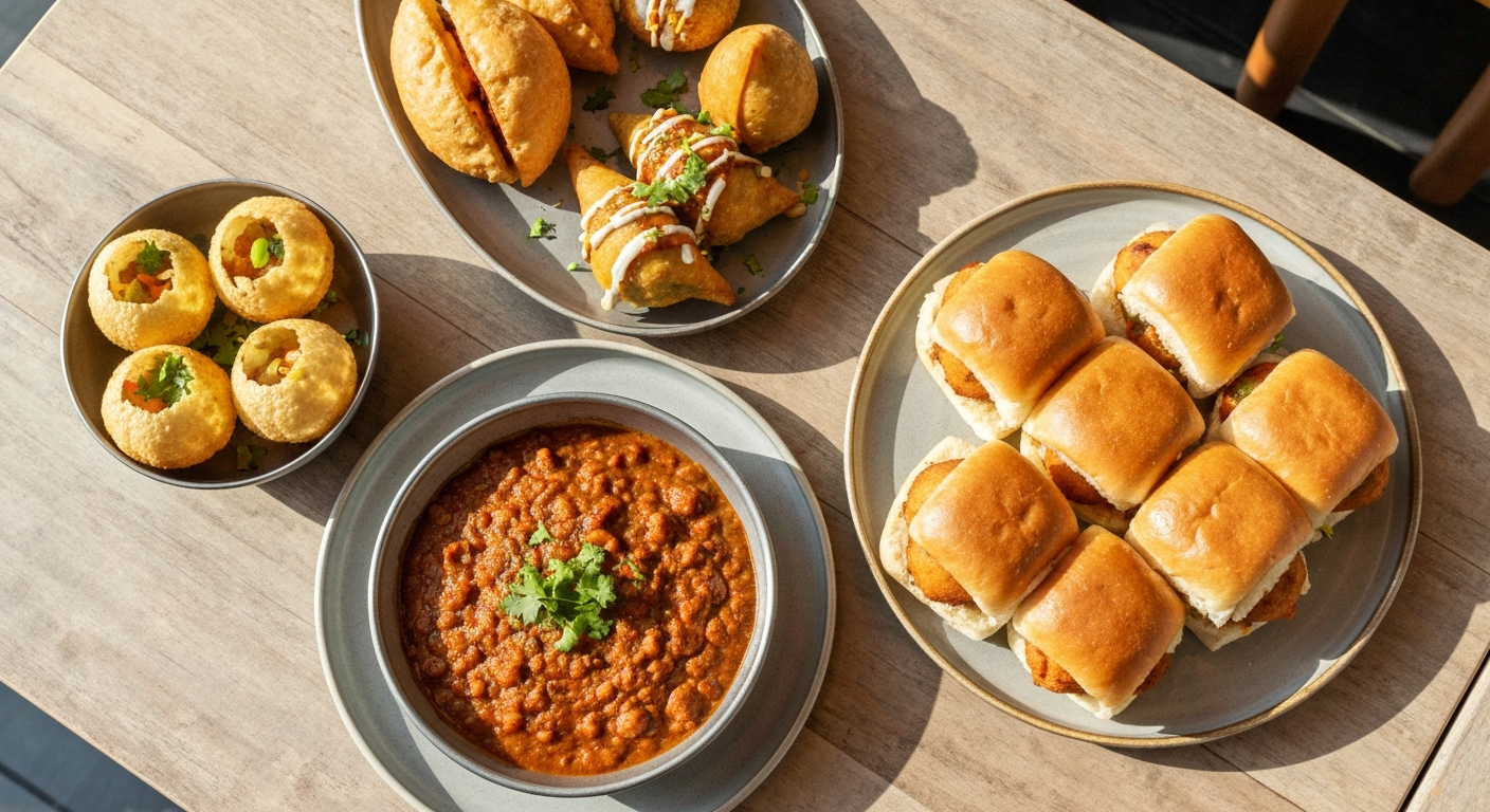 Vibrant and appetizing Indian street food platter featuring a variety of rapid-prep items like colorful pani puri, a generous portion of pav bhaji with buttered pav, and spicy vada pav, all professionally arranged on a rustic wooden table in a well-lit restaurant setting.